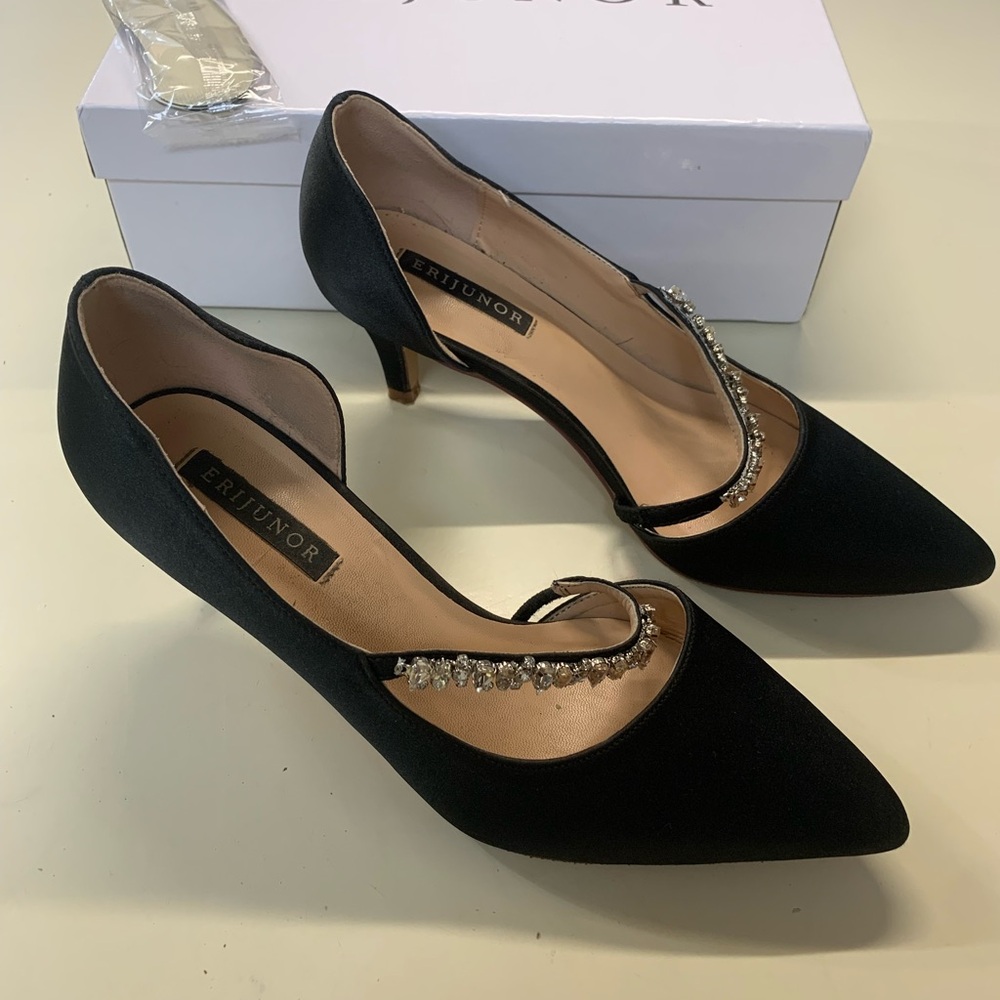ERIJUNOR Party Shoes - Rhinestone Ankle Strap Satin - Black - Size 7